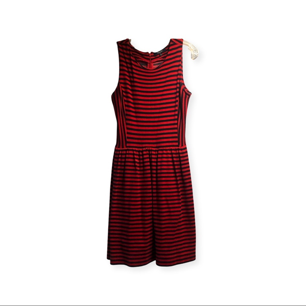 3/$25 MADEWELL XS Red Navy Striped Fit & Flare Pockets sleeveless Bistro Dress